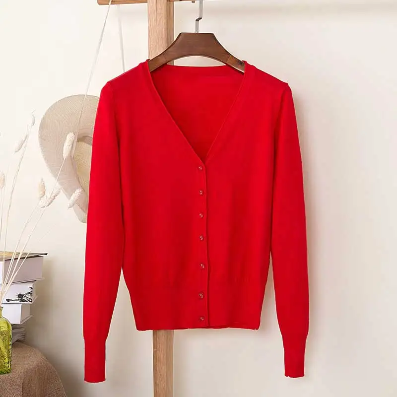 Осенний женский свитер, топы, модный вязаный свитер с длинным рукавом и v-образным вырезом, однотонный свободный размер, Повседневный женский кардиган, свитер, Базовая куртка - Цвет: Красный