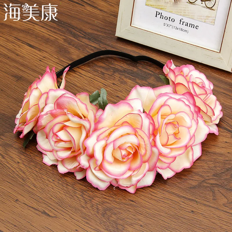 

Haimeikang Bohemian Wreath Red Rose Flower Crown Headband Wedding Bride Garland Forehead Elastic Hair Bands Hair Accessories