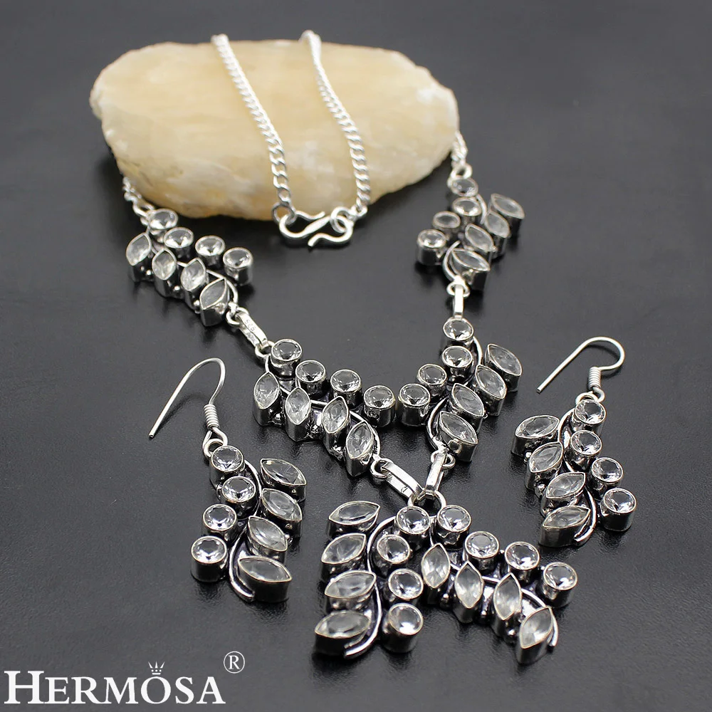 HERMOSA jewelry The new white Beautiful 925 Silver Leaf White Topaz necklace earring exquisite luxury set
