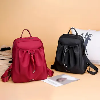 

Waterproof Nylon Women's Backpack Solid Color Drawstring Anti-Theft Bag Leisure Single Shoulder Bags With Interior Slot Pockets