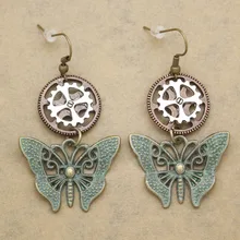 Retro Gold Silver Patina Butterfly Watch Clock Gear Lolita Steampunk Drop Dangle Earrings Women Oorbellen Jewelry Orecchini