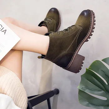 

Fashion Leisure Winter Women Boots Ankle Round Toe Med Punk Motorcycle Boots Hoof Heels Sewing Solid Lace up Shoes