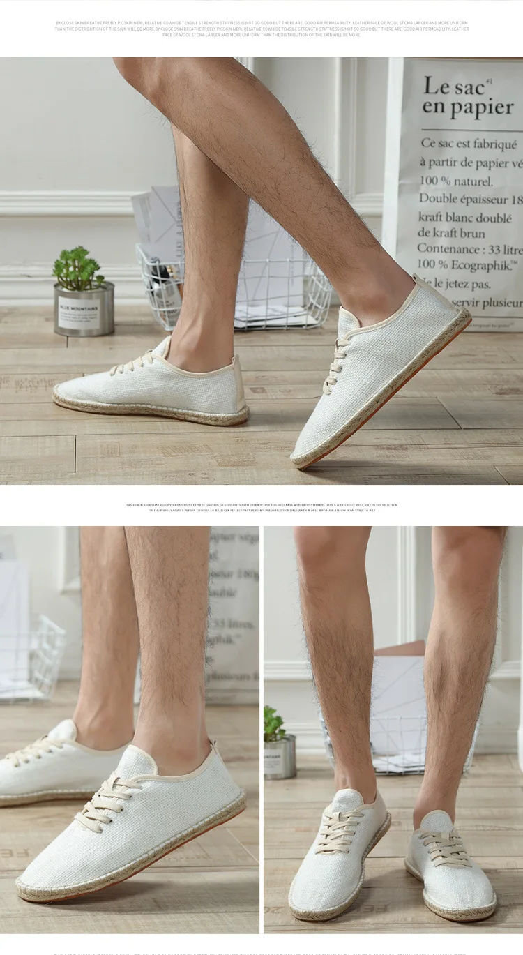 Fashion Sneakers Men Breathable Hemp Shoes Men Summer Canvas Casual Shoes Lace Up Flat Loafers Comfortable Driving Loafers