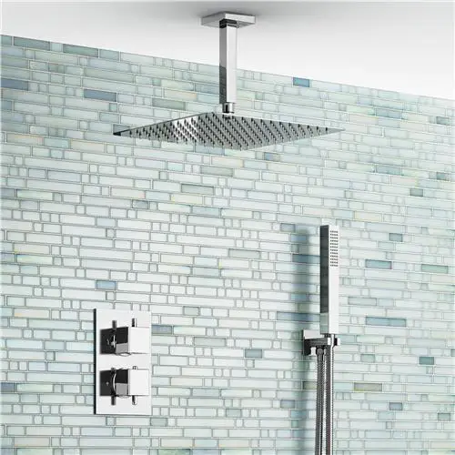 

12" Ceiling Square Mixer Ultra Thin Thermostatic Shower Head Set Bathroom Chrome Valve Set