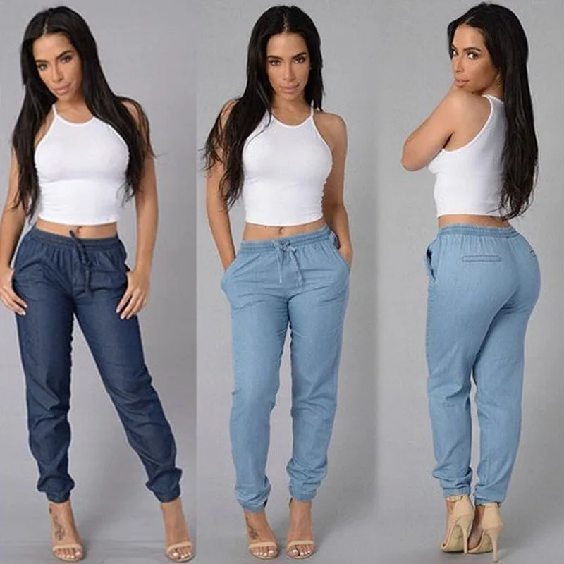 

Women Solid Drawstring Elastic Waist Jeans Harem Pants Ladies Casual Middle Waist Denim Trousers Plus Size Long Pencil Pants