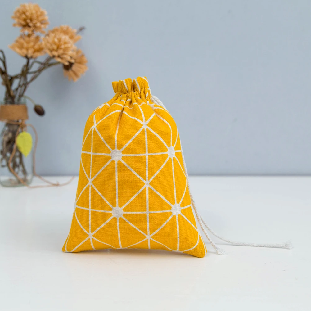 

Mini Flax Storage Bag Yellow Grids Drawstring Storage Pouch Lightweight Reusable Carrying Case Jewelry Candy Storage Bag