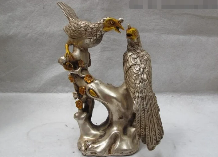 

150624 S1953 11" White Copper Silver Gilt propitious pied magpie Bird Play Plum flower Statue discount 30% (C0324)