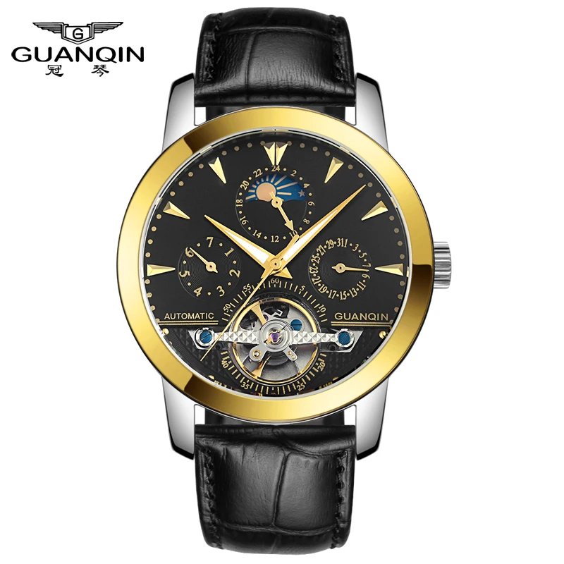 ФОТО GUANQIN GQ10028 Mens Watches Top Brand Luxury Automatic Mechanical Watch Leather Fashion Tourbillon Skeleton Watch