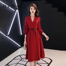 It's YiiYa Evening Dress Wine Red Vintage V-neck Tea Length Formal Dresses Half Sleeve A-line Simple Design Party Gown E019 v neck half sleeve tea length dress