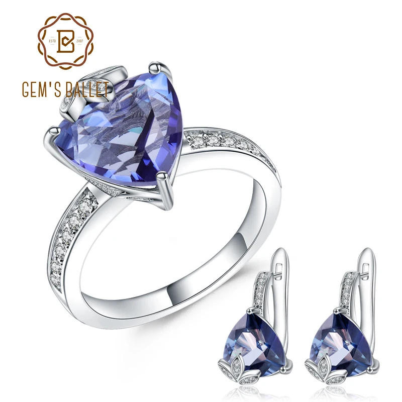 

GEM'S BALLET Natural Iolite Blue Mystic Quartz Ring Earrings 925 Sterling Silver Triangle Gemstone Jewelry Set For Women