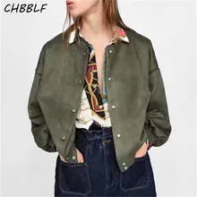 CHBBLF Женская винтажная замшевая куртка-бомбер с большими карманами, верхняя одежда с длинными рукавами, однотонные женские осенние повседневные топы CDC8851