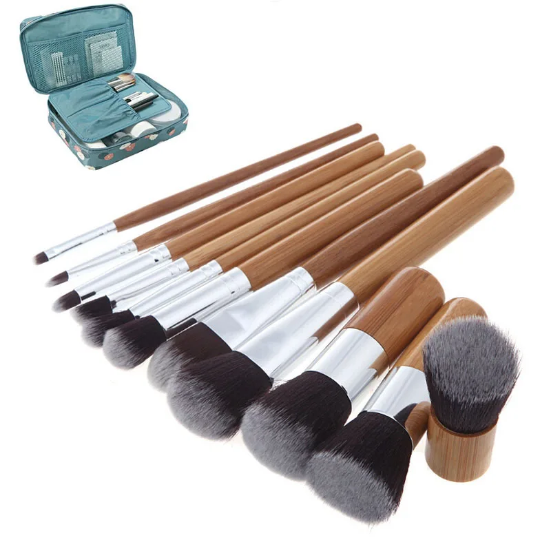

11pcs Natural Bamboo Makeup Brushes Kit with Bag Professional Cosmetics Blusher Eyeliner Brush Kabuki Foundation Blending Tool