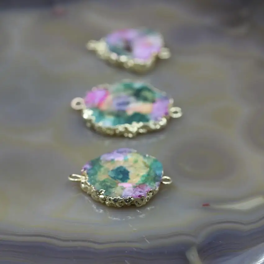 5Pcs/lot,Rainbow Color Solar Quartz Drusy Geode Slabs Gold Edges Connectors Charms,Raw Sun Flower Druzy Nugget Pendants Jewelry