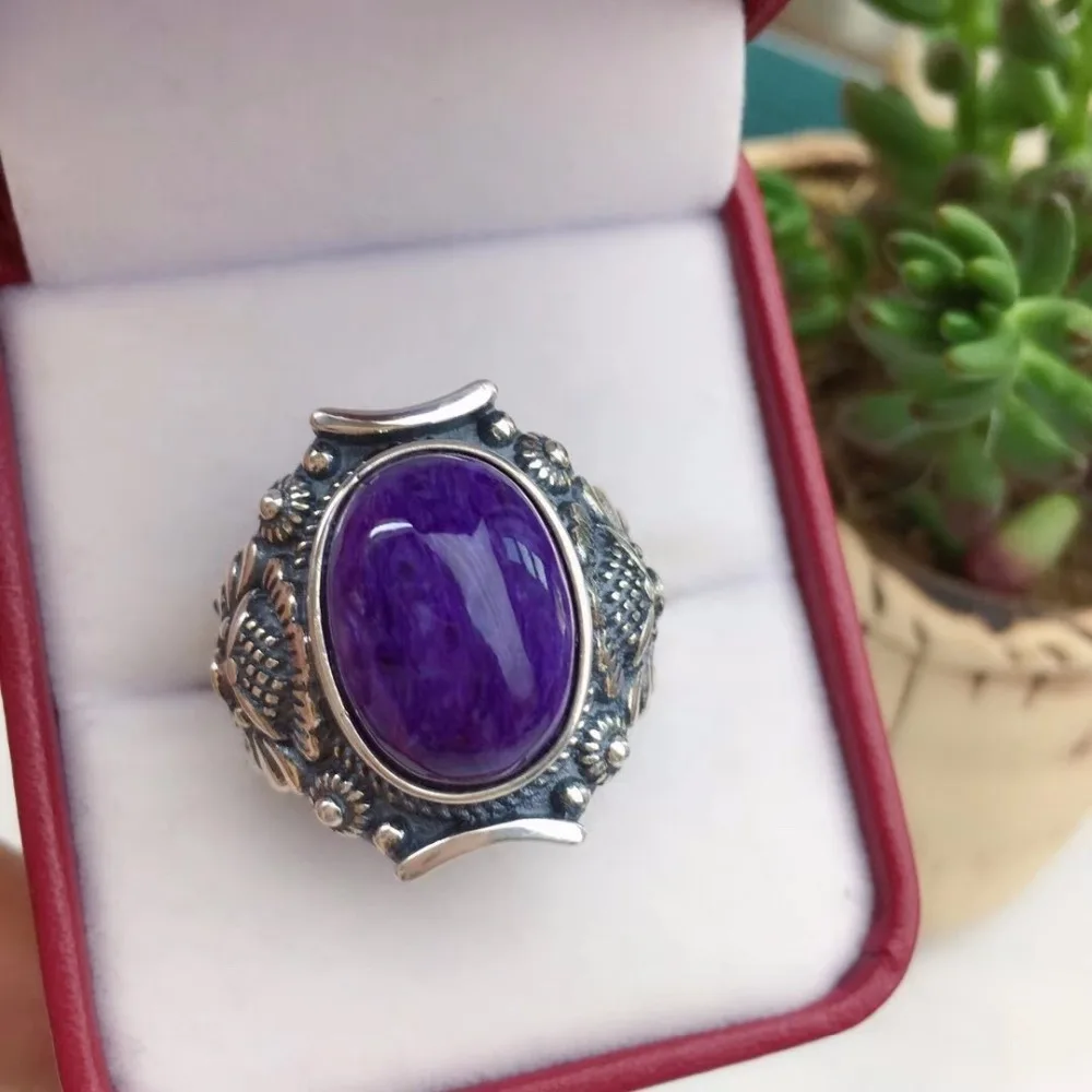 Регулируемый кольцо Природный Фиолетовый Чароит Камень Кристалл Для женщин Для мужчин Lucky Love подарок ювелирные изделия 925 серебро 16x11 мм