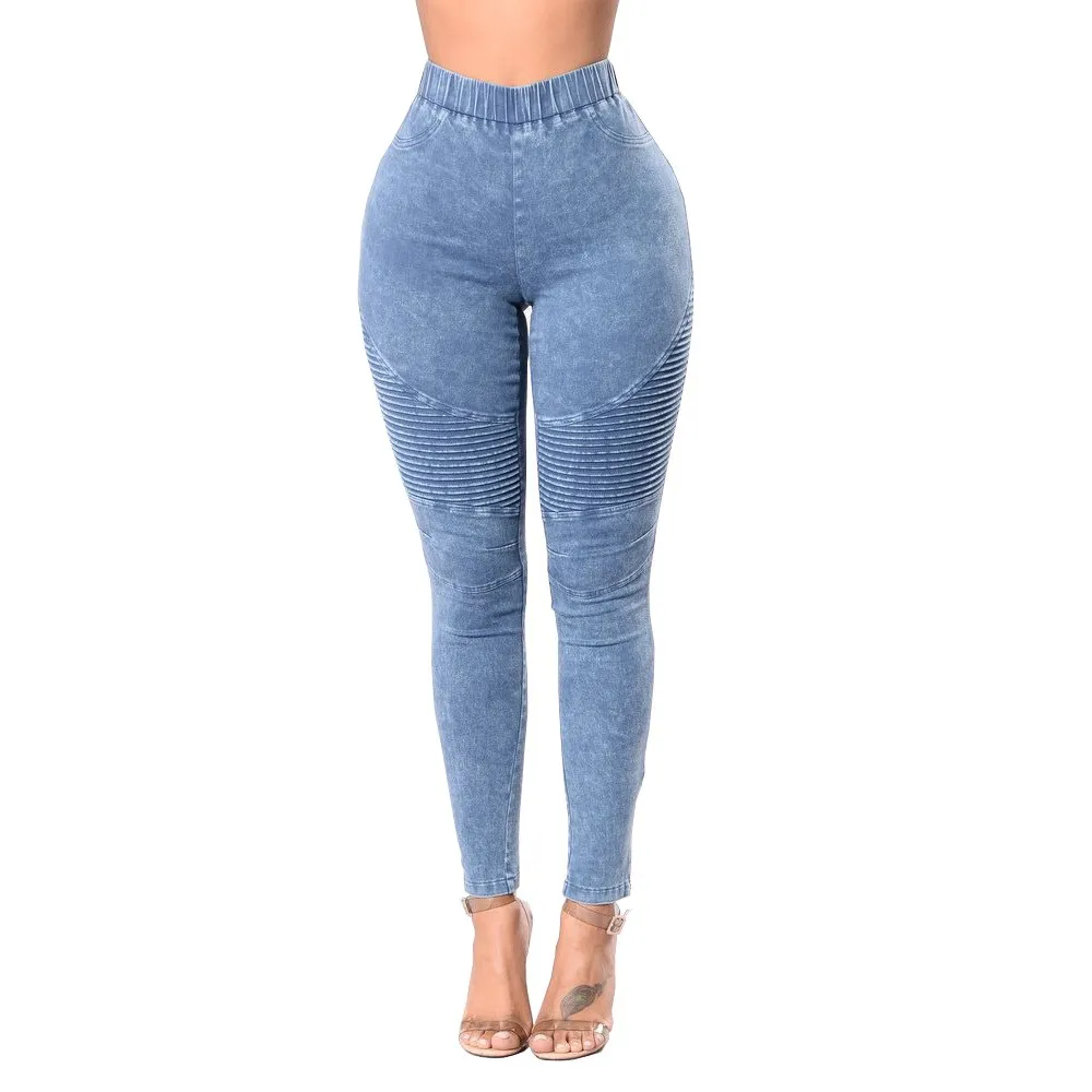 2018 New Women Rubber Elastic Waistband High Waist Jeans Fashion Denim
