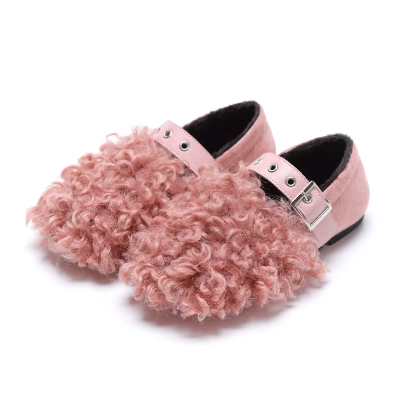 

Fashion Warm Winter Girls Leather Shoes 2018 New Brand Decorative Teddy Fur Kids Loafers Buckle Children Flats 1 4 6 years