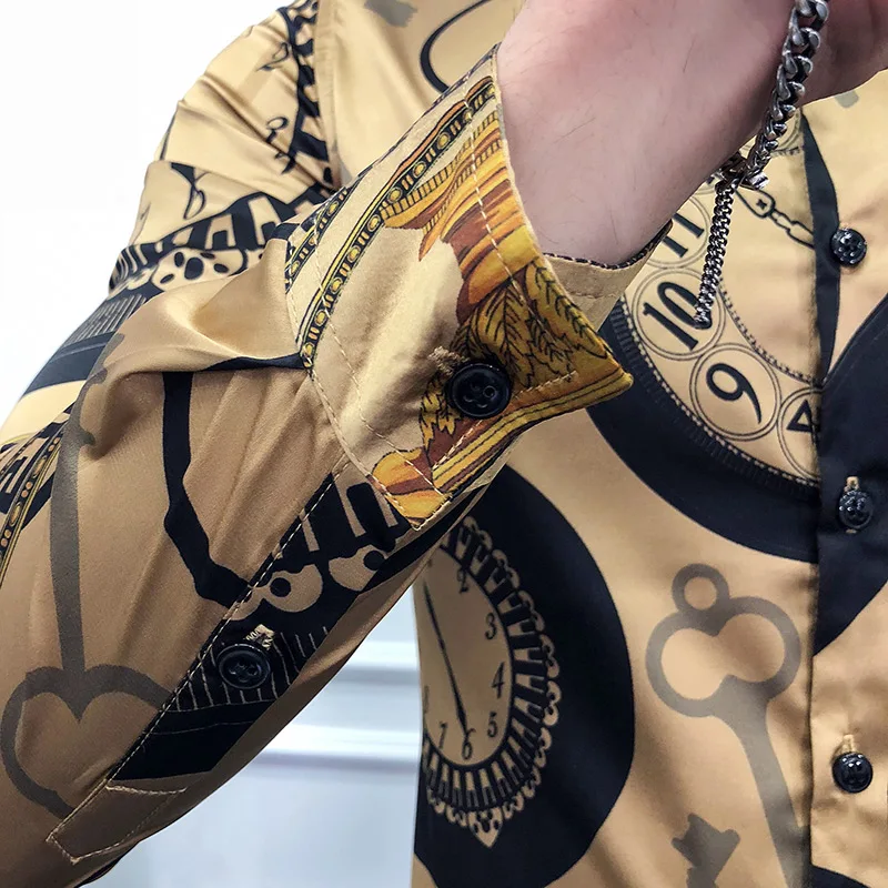 Turn-down Collar Clock Print Shirt British Slim Long Sleeve Fashion Black Golden Casual