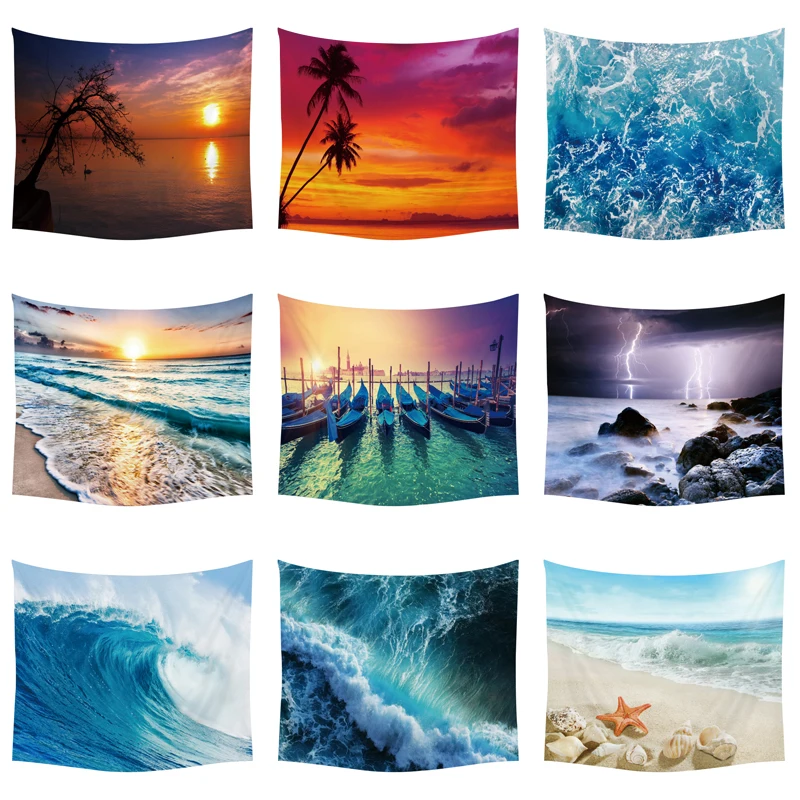 

Sun Sea Tapestry Ocean Beach Wall Hanging Water Landscape Beach Decoration Blue Cloud Blue Frothy Blanket Polyester Handmade