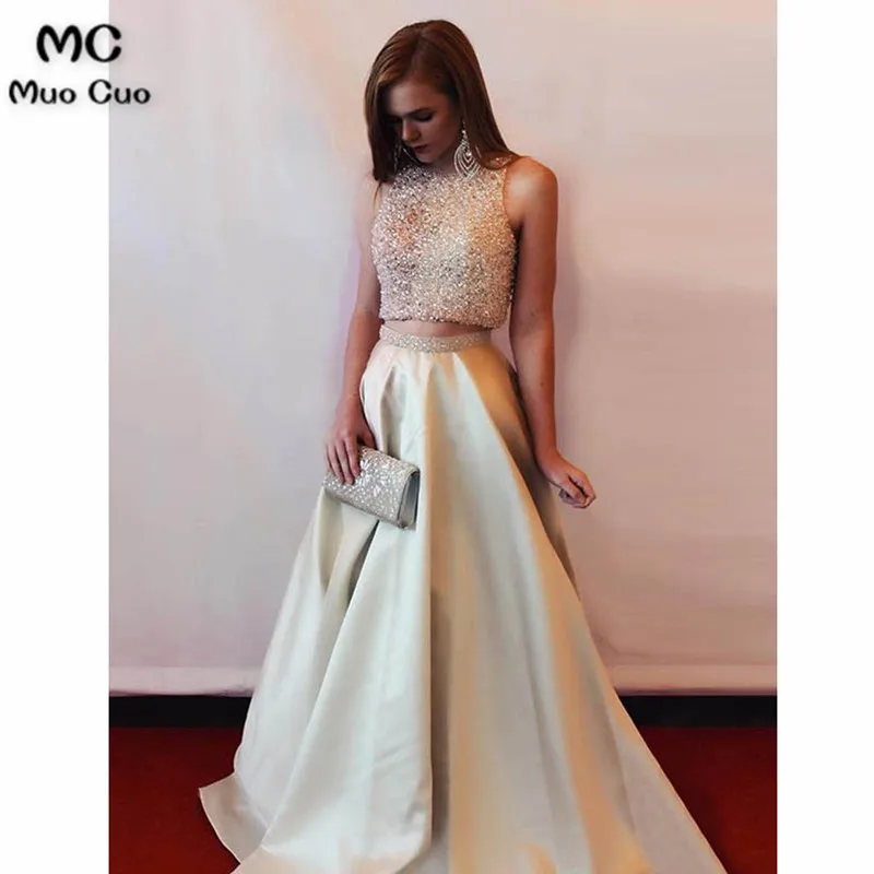 

Elegant 2018 Two Pieces Gown A-Line Evening Dresses Satin Beaded Prom Dresses Long Floor Length Formal Evening Dress for women