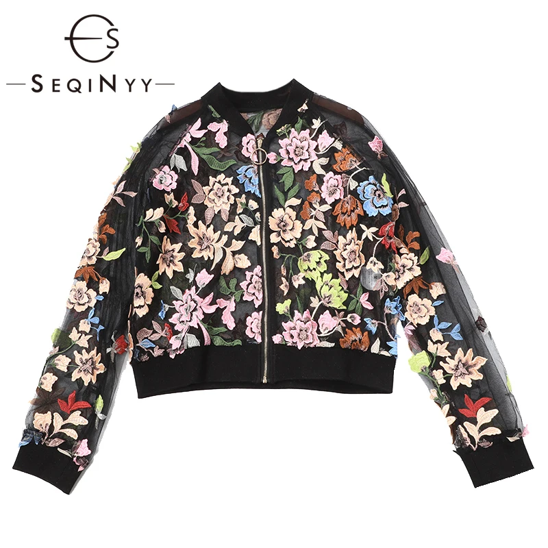 SEQINYY бейсбольная куртка Лето Весна модный дизайн длинный рукав вышивка цветы сетка короткий топ для женщин