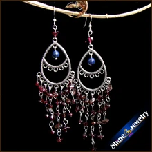 Женские Висячие серьги в винтажном стиле, тибетское серебро, натуральный гранат и лазурит, подвеска, большие серьги, ювелирные изделия