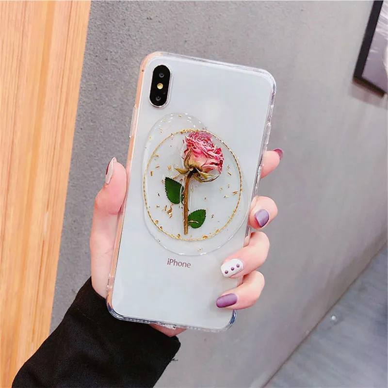 

Dried Flower Rose Phone Case For iphone XR XS Max X 6 6S 7 8 plus Phone Case Fashion Floral Transparent Soft Cover Cute Coque
