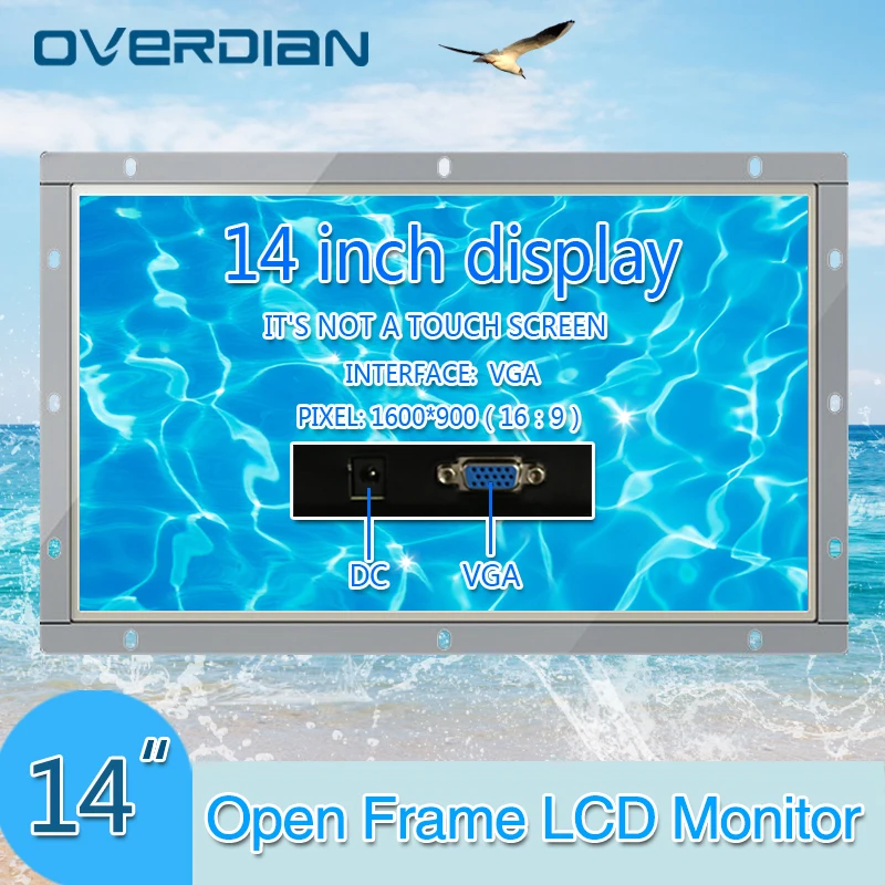 

14Inch Industrial Control Lcd Monitor VGA Interface White Open Frame Non-touch Screen Metal Shell 1600*900