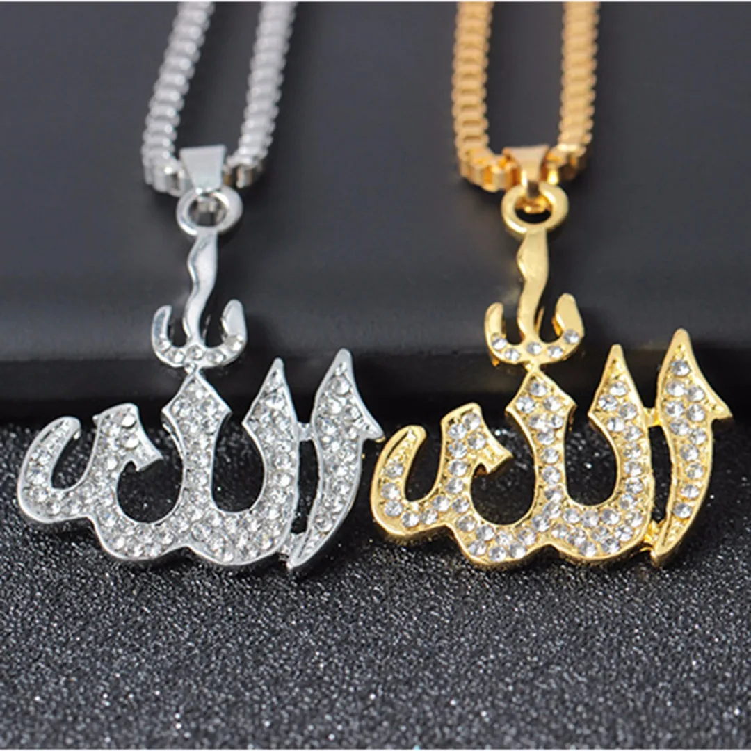 

Men Women Islamic Allah Pendant Necklace Shellhard Silver Gold Color Crystal Long Chain Necklace Muslim Jewelry