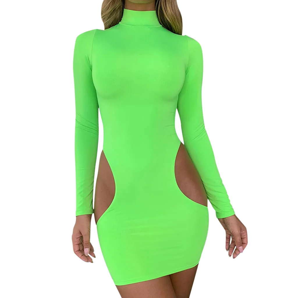 

Fashion Women Solid Turtle Neck Long Sleeve Hollow Out Bodycon Mini Casual Dress 2019 summer boho beach dress women plus size #8