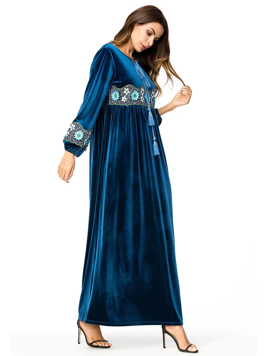 Мусульманские женщины с длинными рукавами бархатные вышивка Дубай платье макси Абая jalabiya Исламская одежда для женщин одеяние кафтан
