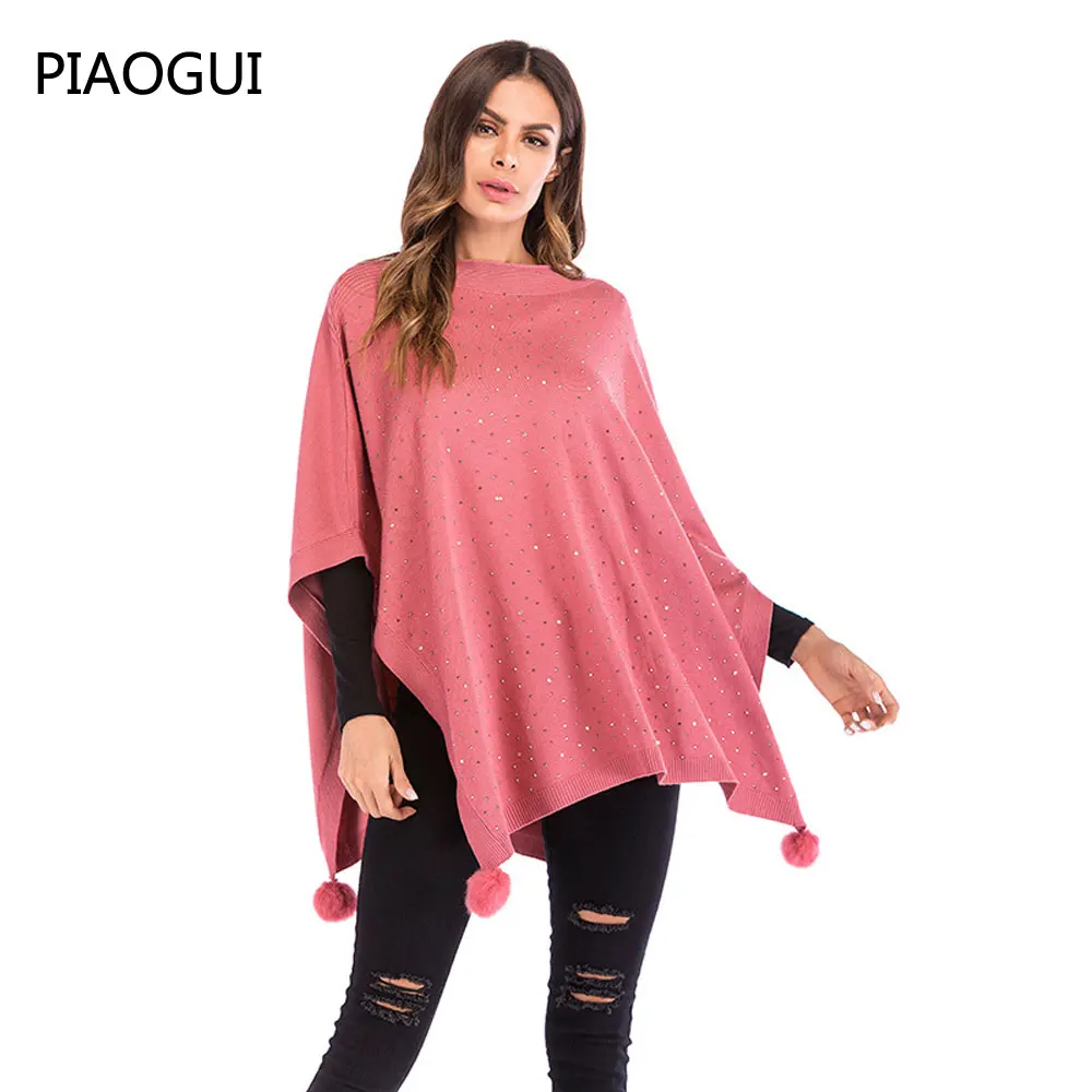 2019 Spring Women Ponchoes Capes Sweaters Casual Three Quarter Batwing Sleeve Pullovers Knitted Furry Ball Solid Sweater |
