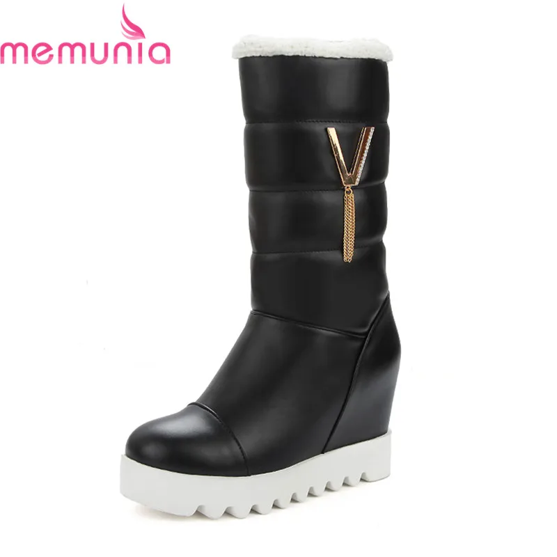 

MEMUNIA NEW arrival 2020 pu leather boots round toe height increasing heels boots slip on women's mid calf boots big size 32-43