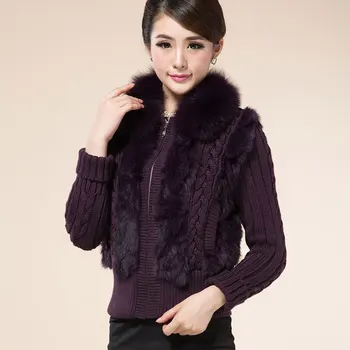 

Women Fashion Winter Rabbit Fur Coats Slim Hooded Sweater Fur Coat Knitting Cardigan Real Fur Jacket With Hood Fox Fur Collar