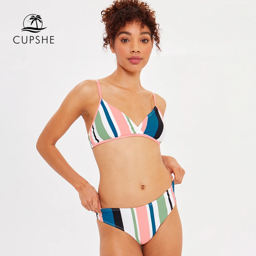 CUPSHE Colorful Striped Bikini Sets Women Sexy Thong Two Pieces