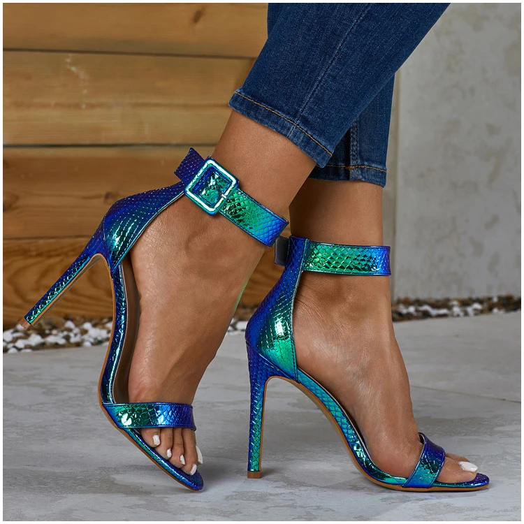 Eilyken/летние женские босоножки на высоком каблуке с открытым носком; Цвет серебристый, синий; пикантные женские босоножки с ремешком на щиколотке и пряжкой; Клубная обувь