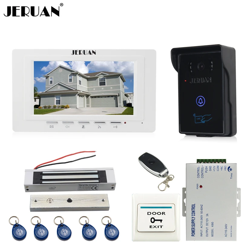 

JERUAN 7 inch video door phone intercom system kit RFID touch key waterproof access Camera 180KG Magnetic lock + remote control