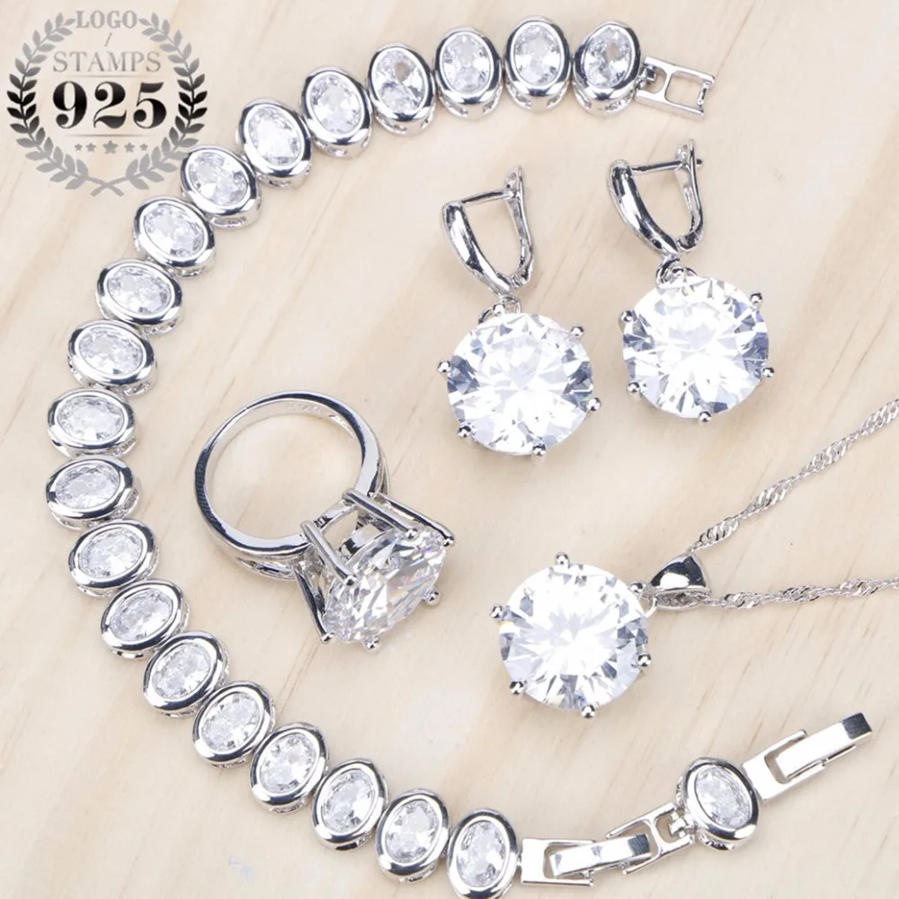 

Women Silver 925 Wedding Jewelry Sets White Zircon Bracelets Pendant Necklace Earrings Rings Set with Stones Jewellry Gift Box