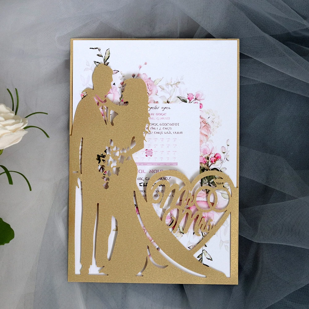  Bride and Groom Paper Cut Silhouette Laser Hollow Wedding Invitation Card with Ribbon for Wedding P - 33052581714