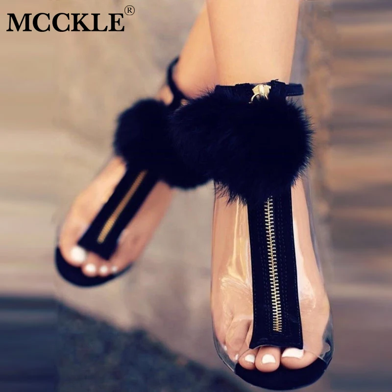 

MCCKLE Women Faux Fur Ball Sexy Stilettos Pumps High Heels Transparent Zipper Peep Toe Party Shoes Girl Fashion Drop Shipping