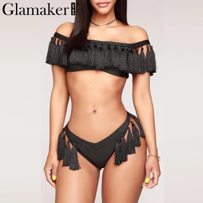 Glamaker Tassel off shoulder two-pieces suit boydsuit Women thong push up beach bodysuit romper Female sexy summer red overalls