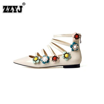 2017 Summer New Genuine leather Women Shoes Sexy Hollow Sandals Paint pointed Brand design color flower rivets Big Size 34-42