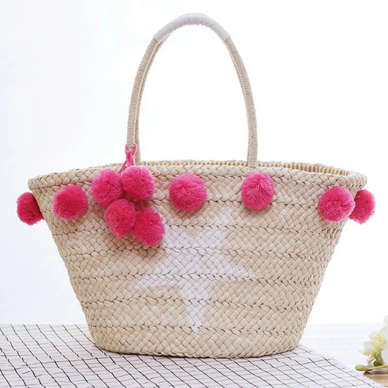  Rdywbu BIG STAR STRAW SHOULDER BAGS WITH POMPON - Bohemian Women's Summer Handmade Beach Tote Handbag Woven Travel Bolsos B194 wristlets for man