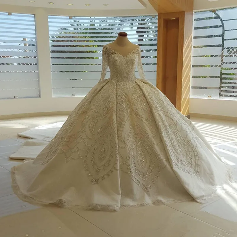 Robe De Mariage мусульманское подвенечное платье длинный шлейф Новая мода Бисероплетение бальное платье Свадебные платья длинный рукав vestidos De Novia