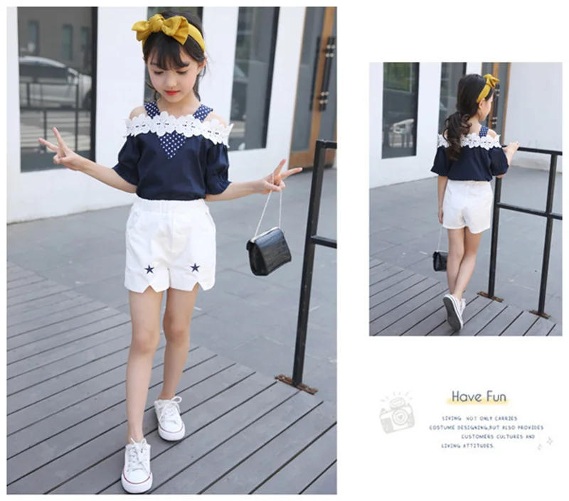 summer girls clothing sets children off-the-shoulder lace shorts pant two-piece girls clothing suit (3)
