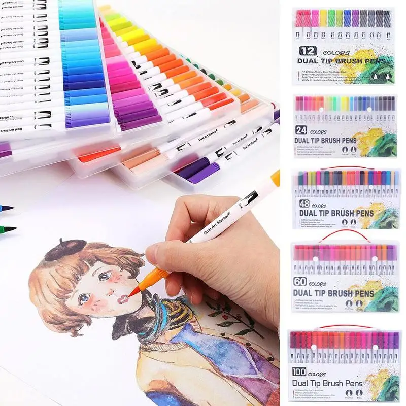 12 /24/36/48/60/100 colors Double-headed Watercolor Pen Cross-borderMarker Set Brush Pen Hook Line Pen Art Marker