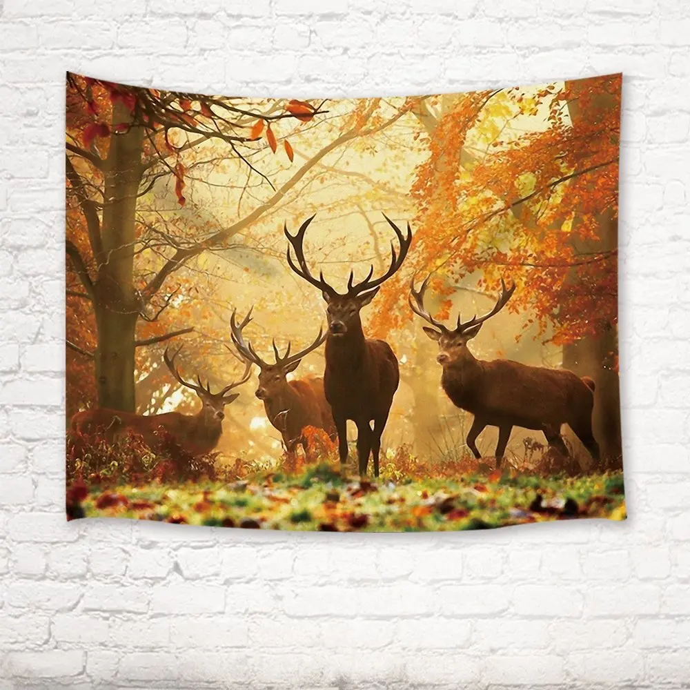 Deer Tapestry Group Of Deer In the Autumn Misty Forest With Fall Leaves