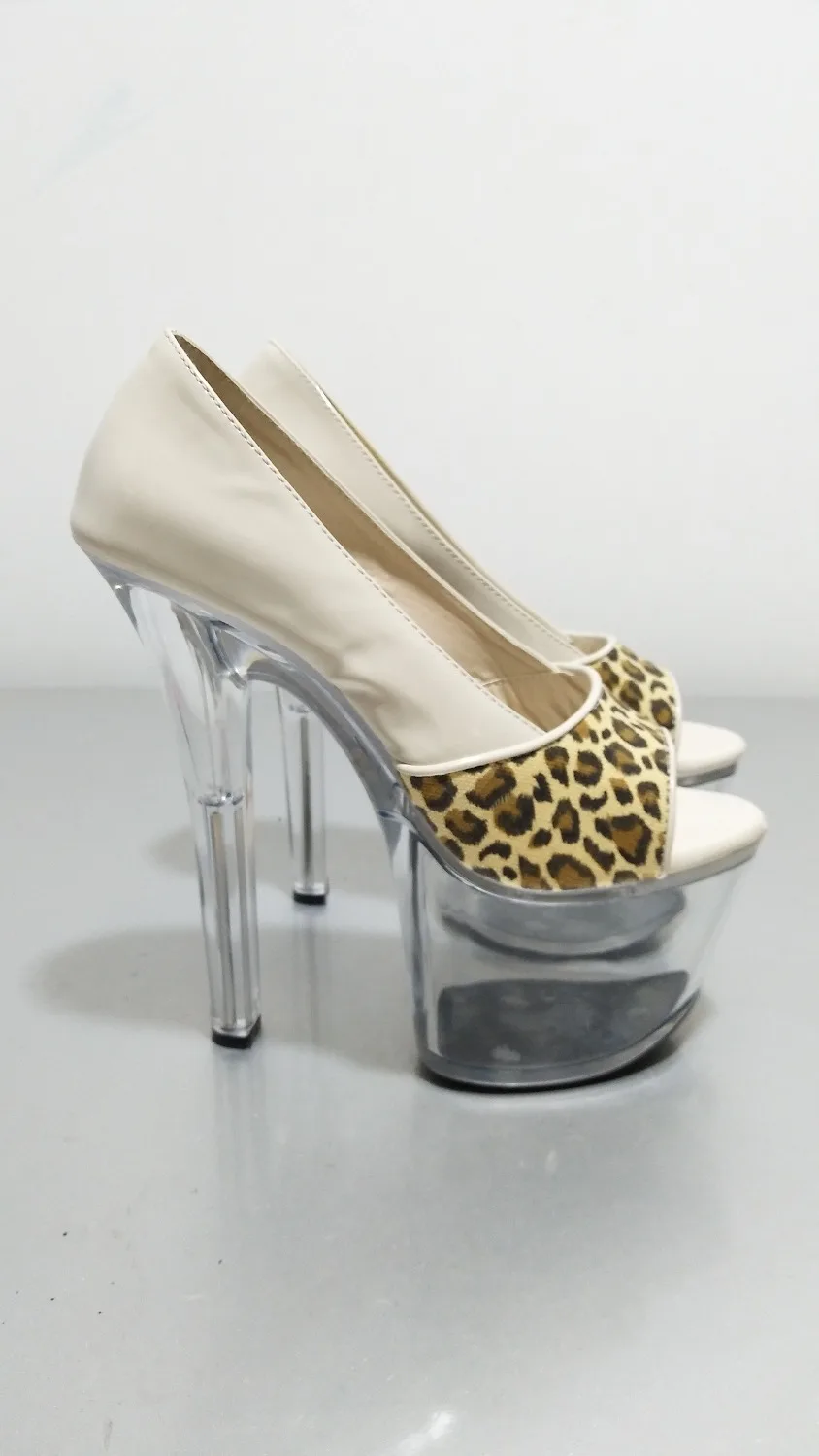 Sexy leopard print material high heels, thick sole 17cm thin heels long strip crystal head waterproof platform, stage shoes