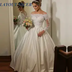 Vestido de noiva 2019 с длинным рукавом свадебное платье кружево Аппликация кнопка назад халат de soiree атласное с вырезом «лодочкой» Свадебные платья