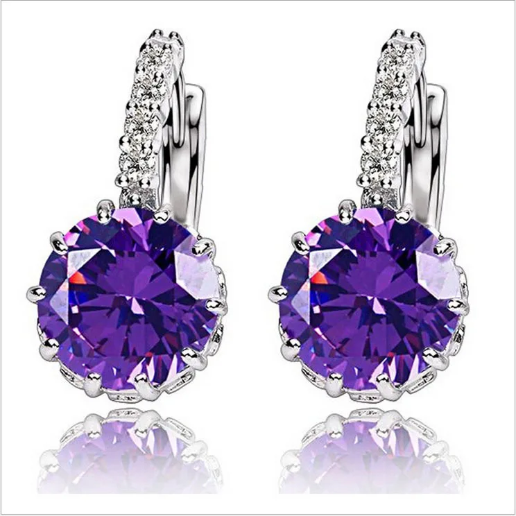 QCOOLJLY модные серьги из сплава серебра 9 цветов с геометрическими кристаллами, простые ювелирные изделия, Круглые серьги с фианитами для женщин - Окраска металла: Purple