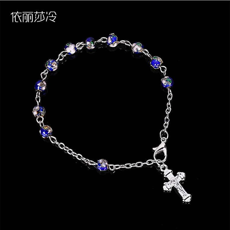 

6mm Cloisonne Jesus Cross Bracelet Central Rosary Mercy Holy Religious Icon Beaded Bracelet Charm Gift